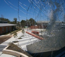 Image of a smashed window out of Yeeda unit during the Banksia Hill Riot in January 2013