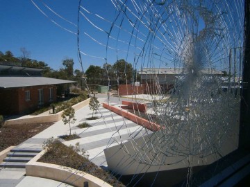 Image of a smashed window out of Yeeda unit during the Banksia Hill Riot in January 2013