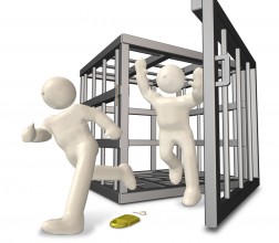 two cartoon people escaping a cage
