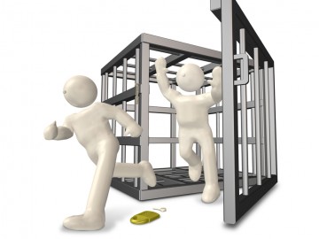 two cartoon people escaping a cage