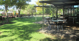 Tables and chairs outside area for social visits