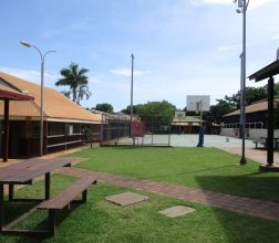 Image of seating and basket ball court in the grounds at Broome Regional Prison