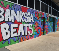 Graffiti art of the name 'Banksia Beats' on wall outside music studio