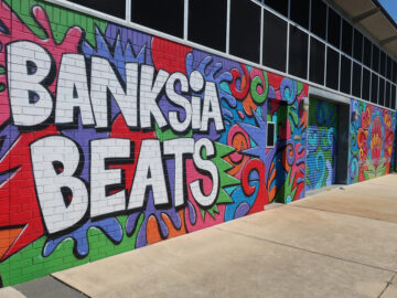 Graffiti art of the name 'Banksia Beats' on wall outside music studio