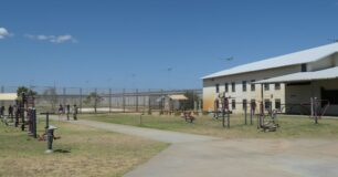Image of gym equipment in the open recreation area between the two units at Melaleuca Women's Prison